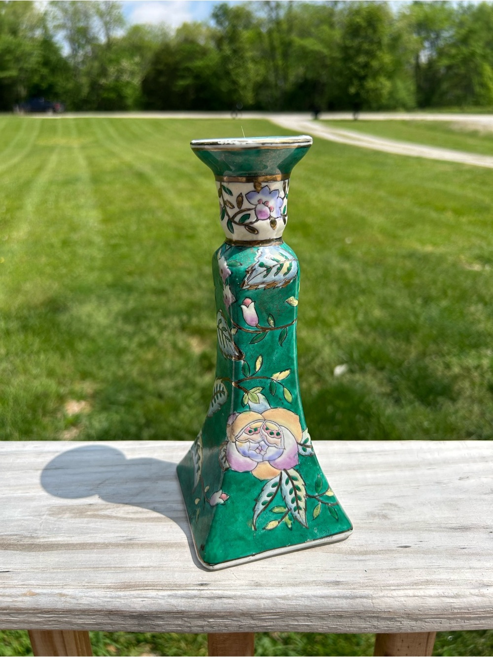 Vintage Japanese Candle Stick Holder Floral‎ Green Cottagecore Gold Tone Trim